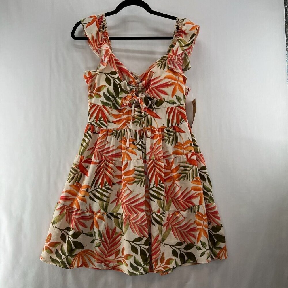 Madden NYC Dress Womens Sz L Juniors Flutter Sleeve Cut Out Boho Tropical Orange